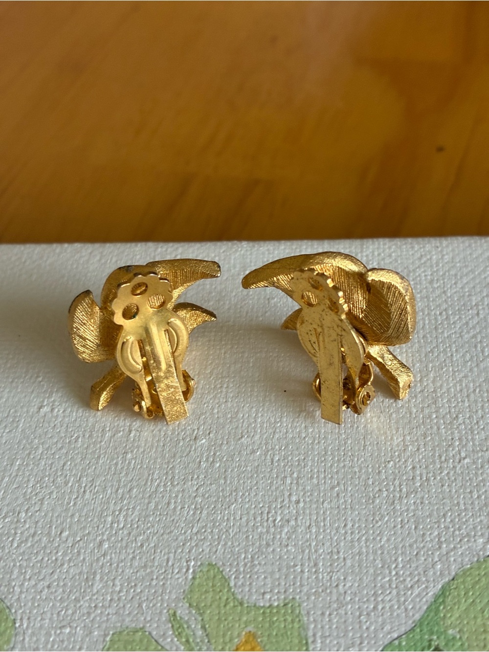 Gold Floral Clip-On Earrings with Crystal Accent - Picture 4 of 4